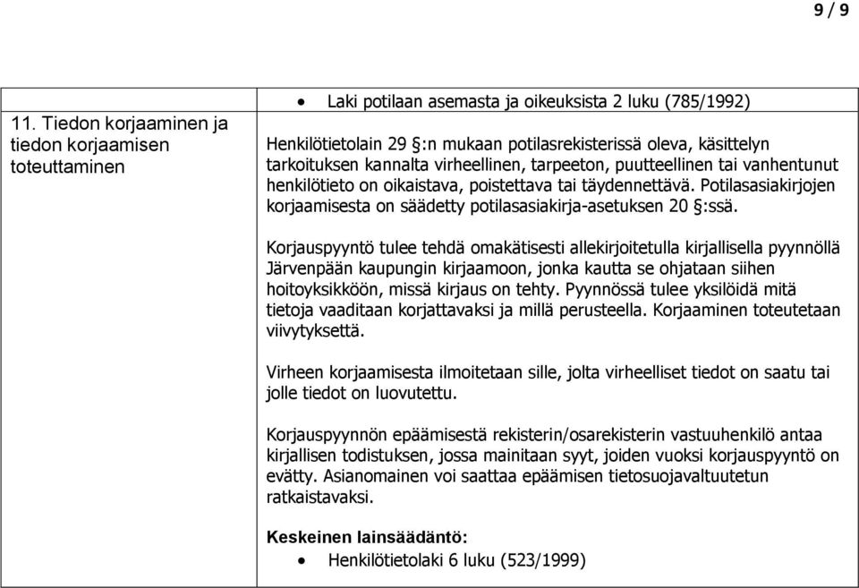 kannalta virheellinen, tarpeeton, puutteellinen tai vanhentunut henkilötieto on oikaistava, poistettava tai täydennettävä.