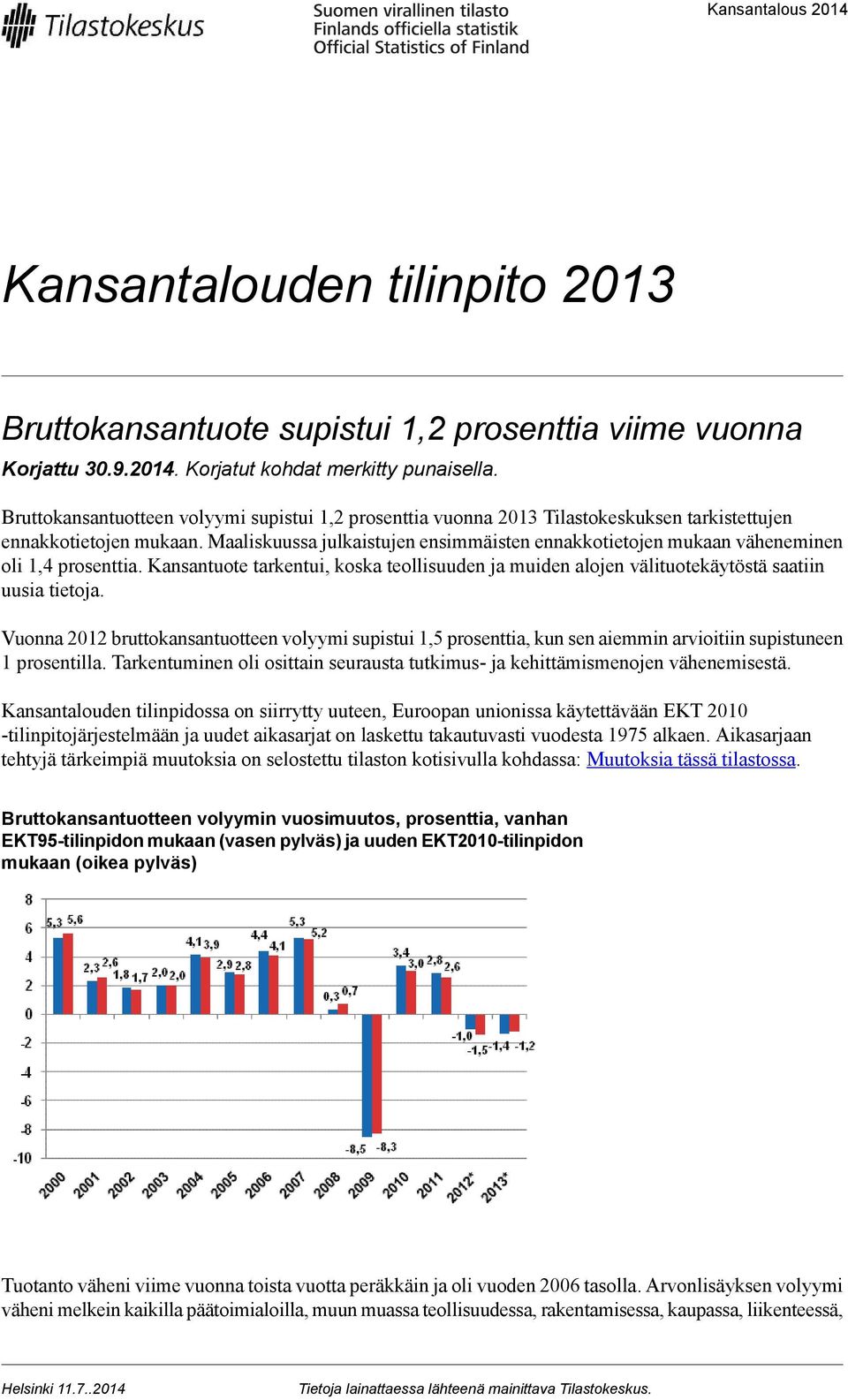 Maaliskuussa julkaistujen ensimmäisten ennakkotietojen mukaan väheneminen oli 1,4 prosenttia. Kansantuote tarkentui, koska teollisuuden ja muiden alojen välituotekäytöstä saatiin uusia tietoja.