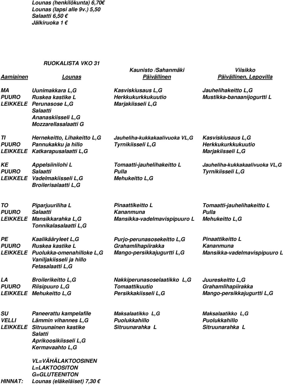 Herkkukurkkukuutio LEIKKELE Katkarapusalaatti L,G Marjakiisseli L,G KE Appelsiinilohi L Tomaatti-jauhelihakeitto L Jauheliha-kukkakaalivuoka VL,G PUURO Pulla Tyrnikiisseli L,G LEIKKELE