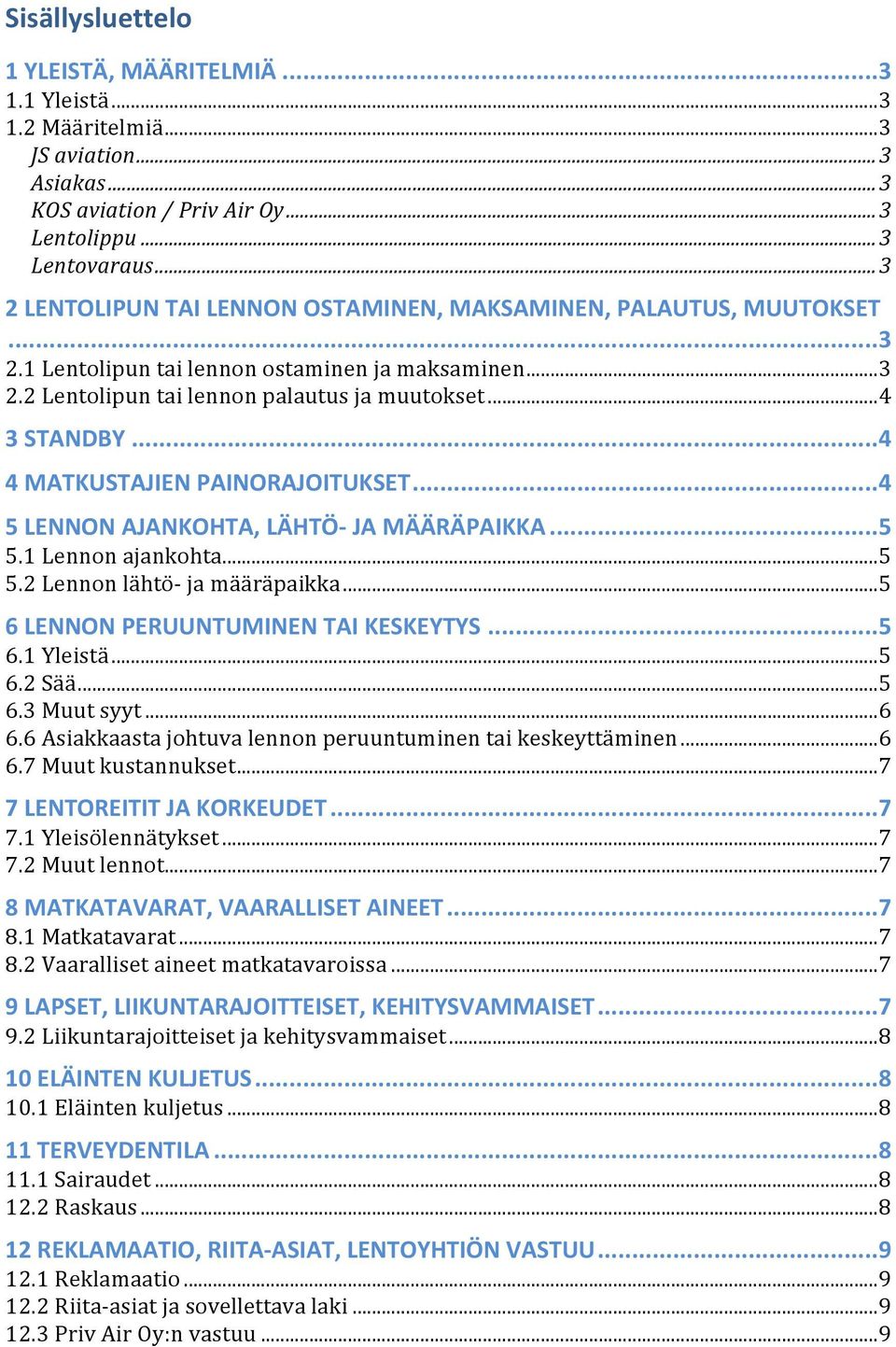 .. 4 4 MATKUSTAJIEN PAINORAJOITUKSET... 4 5 LENNON AJANKOHTA, LÄHTÖ- JA MÄÄRÄPAIKKA... 5 5.1 Lennon ajankohta... 5 5.2 Lennon lähtö- ja määräpaikka... 5 6 LENNON PERUUNTUMINEN TAI KESKEYTYS... 5 6.1 Yleistä.