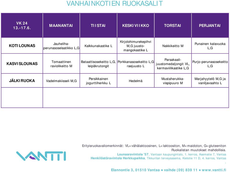 leipäkrutongit Porkkanasosekeitto raejuusto Parsakaalijuustomedaljongit V kermaviilikastike Purjo-perunasosekeitto Vadelmakiisseli Persikkainen jogurttiherkku Hedelmä