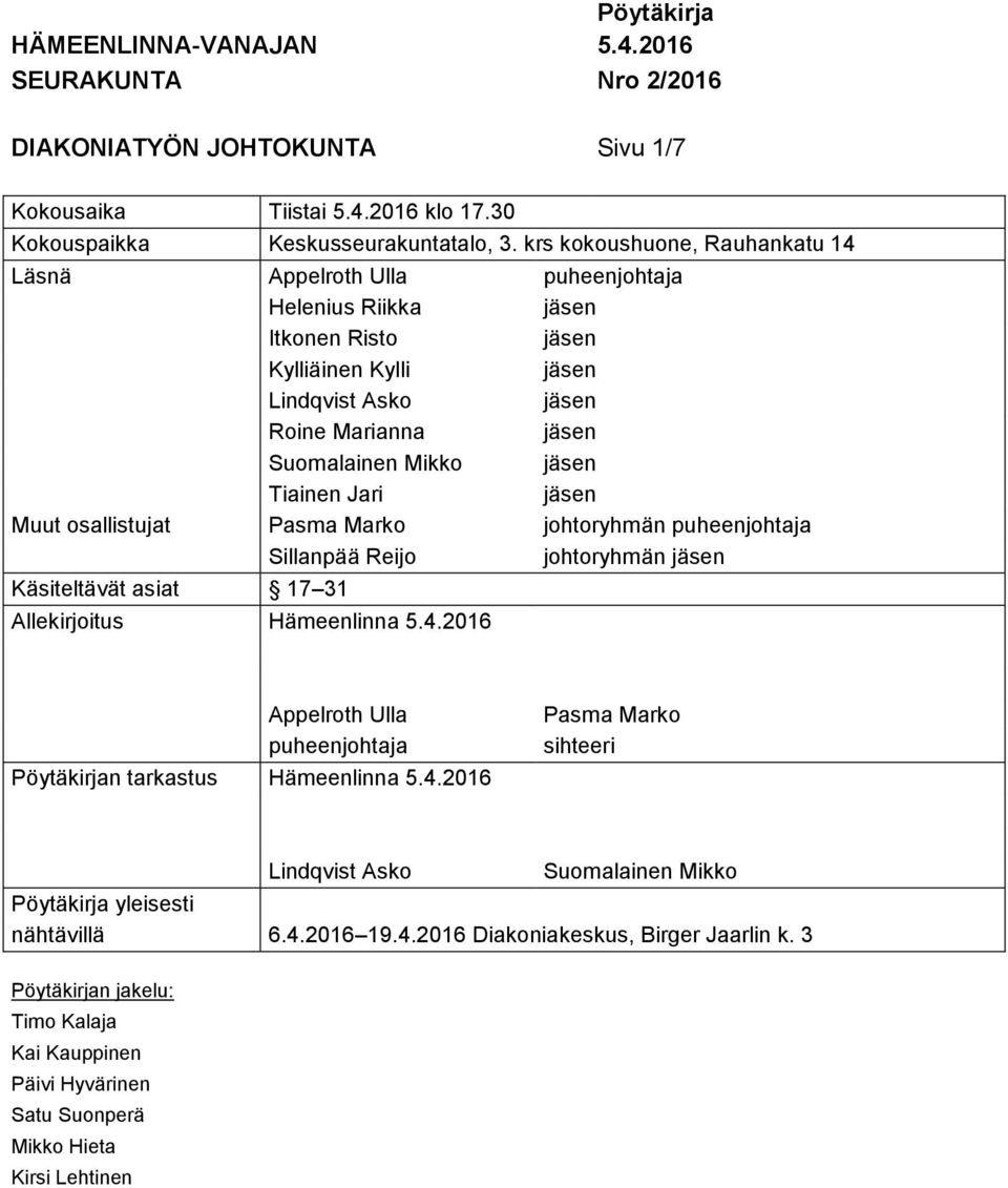 Marko johtoryhmän puheenjohtaja Sillanpää Reijo johtoryhmän Käsiteltävät asiat 17 31 Allekirjoitus Hämeenlinna 5.4.