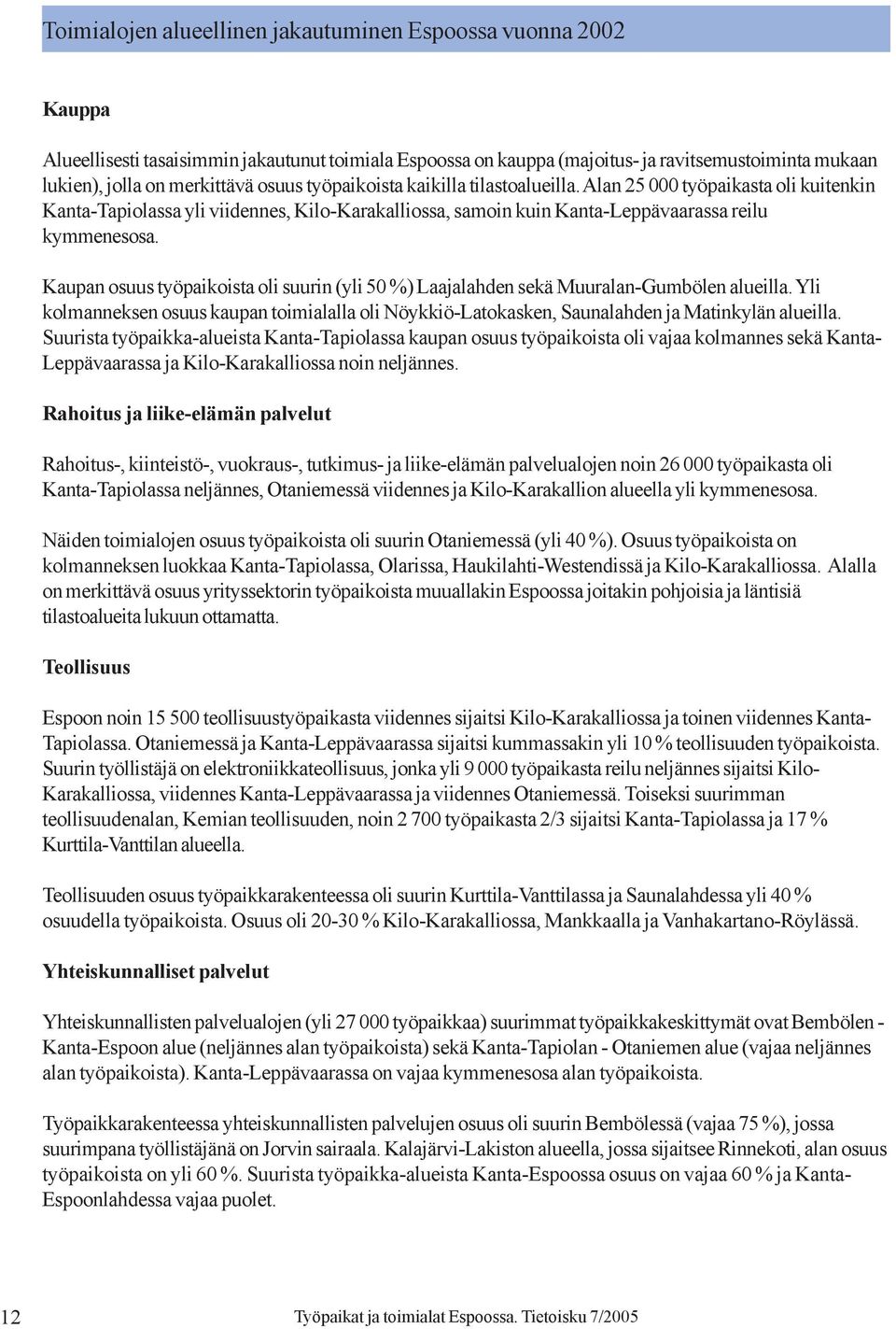 Kaupan osuus työpaikoista oli suurin (yli 50 %) Laajalahden sekä Muuralan-Gumbölen alueilla. Yli kolmanneksen osuus kaupan toimialalla oli Nöykkiö-Latokasken, Saunalahden ja Matinkylän alueilla.