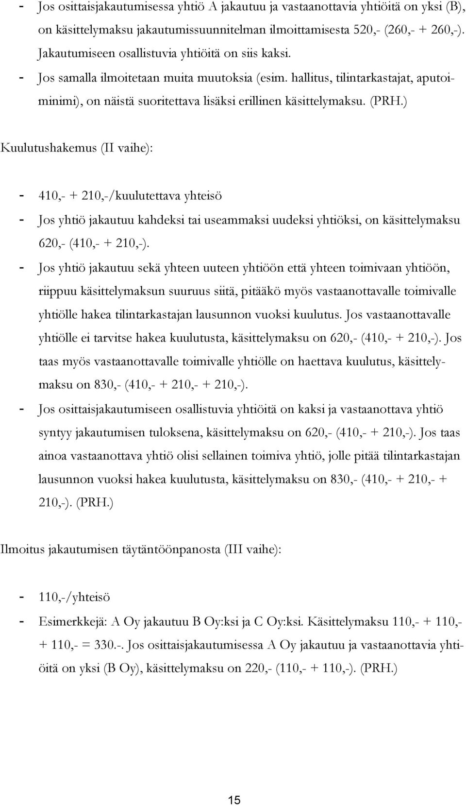 (PRH.) Kuulutushakemus (II vaihe): - 410,- + 210,-/kuulutettava yhteisö - Jos yhtiö jakautuu kahdeksi tai useammaksi uudeksi yhtiöksi, on käsittelymaksu 620,- (410,- + 210,-).