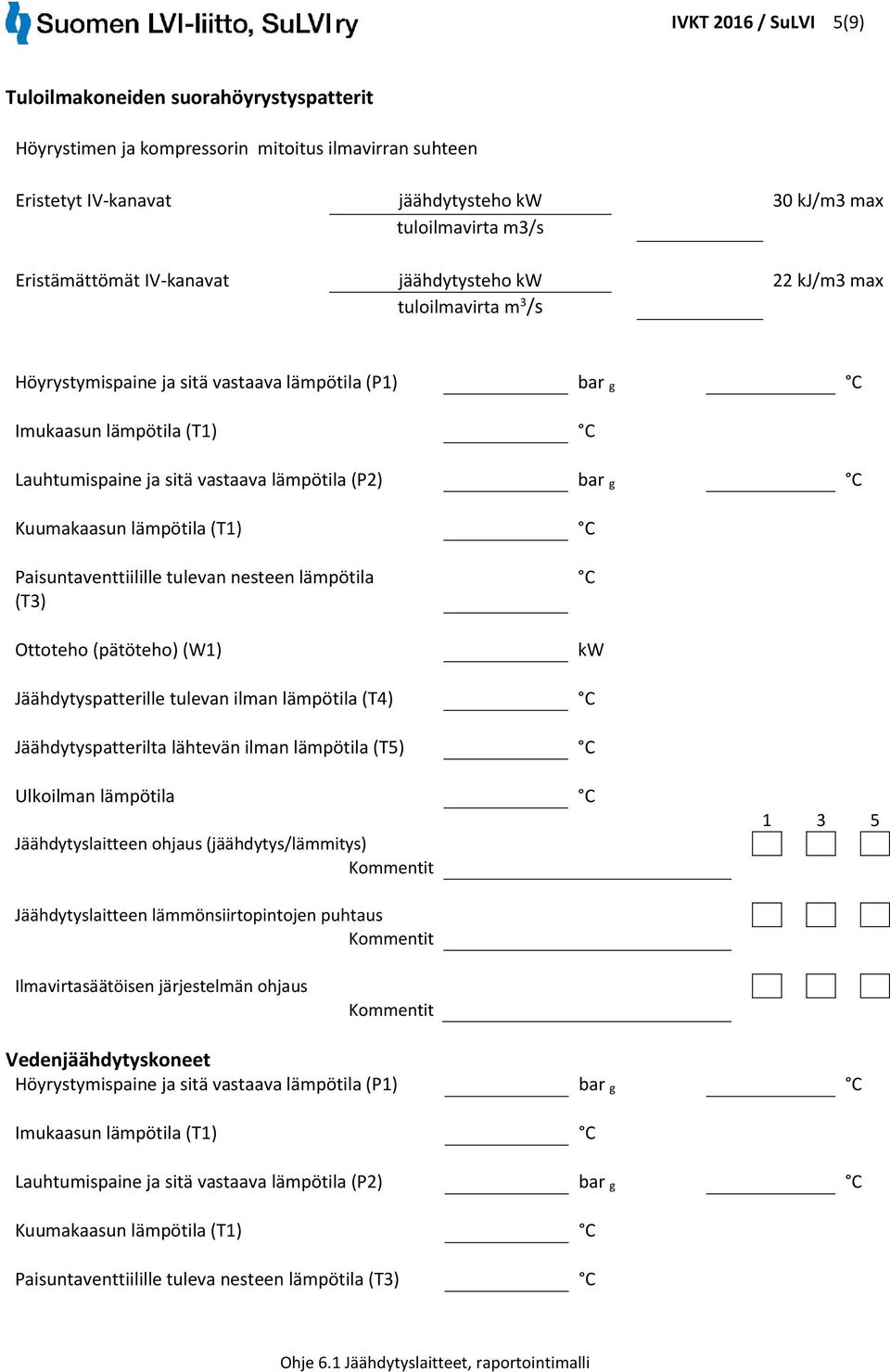 tulevan nesteen lämpötila (T3) Jäähdytyspatterille tulevan ilman lämpötila (T4) Jäähdytyspatterilta lähtevän ilman lämpötila (T5)