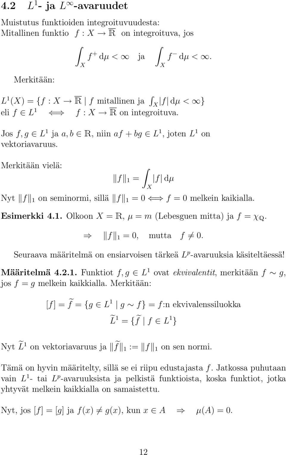 Merkitään vielä: f = f dµ Nyt f on seminormi, sillä f = f = melkein kaikialla. Esimerkki 4.. Olkoon = R, µ = m (Lebesguen mitta) ja f = χ Q. f =, mutta f.