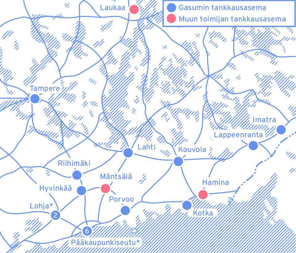 Kaasun julkiset tankkausasemat Gasumilla 15 kpl verkossa muilla 2 kpl