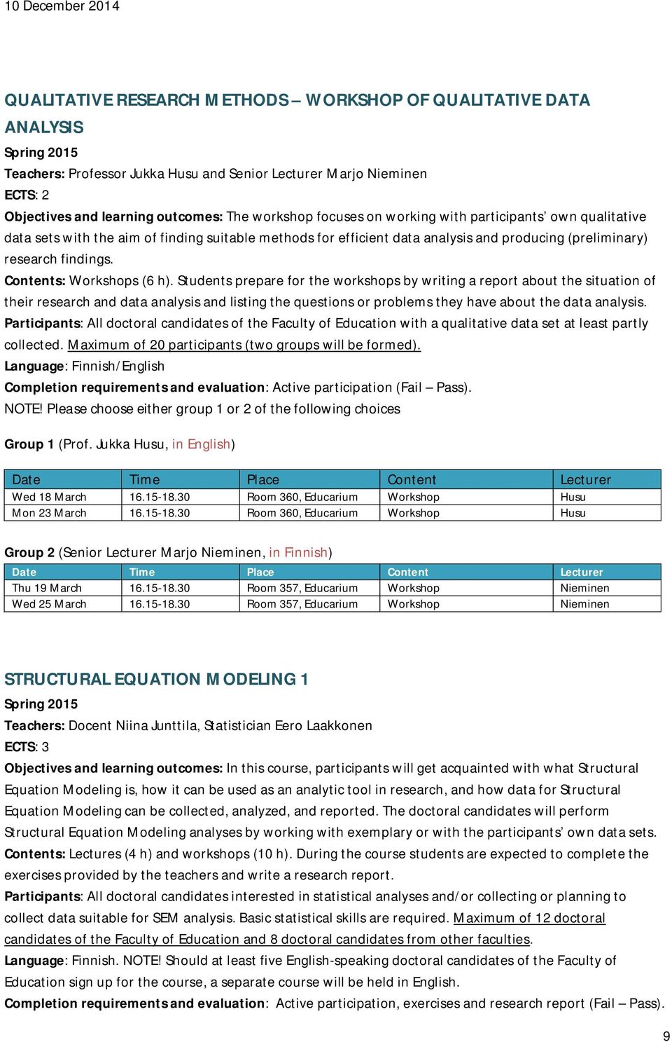 Students prepare for the workshops by writing a report about the situation of their research and data analysis and listing the questions or problems they have about the data analysis.
