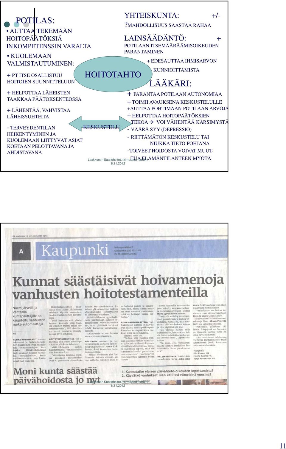 MAHDOLLISUUS SÄÄSTÄÄ RAHAA LAINSÄÄDÄNTÖ: + POTILAAN ITSEMÄÄRÄÄMISOIKEUDEN PARANTAMINEN + EDESAUTTAA IHMISARVON KUNNIOITTAMISTA HOITOTAHTO LÄÄKÄRI: + PARANTAA POTILAAN AUTONOMIAA + TOIMII