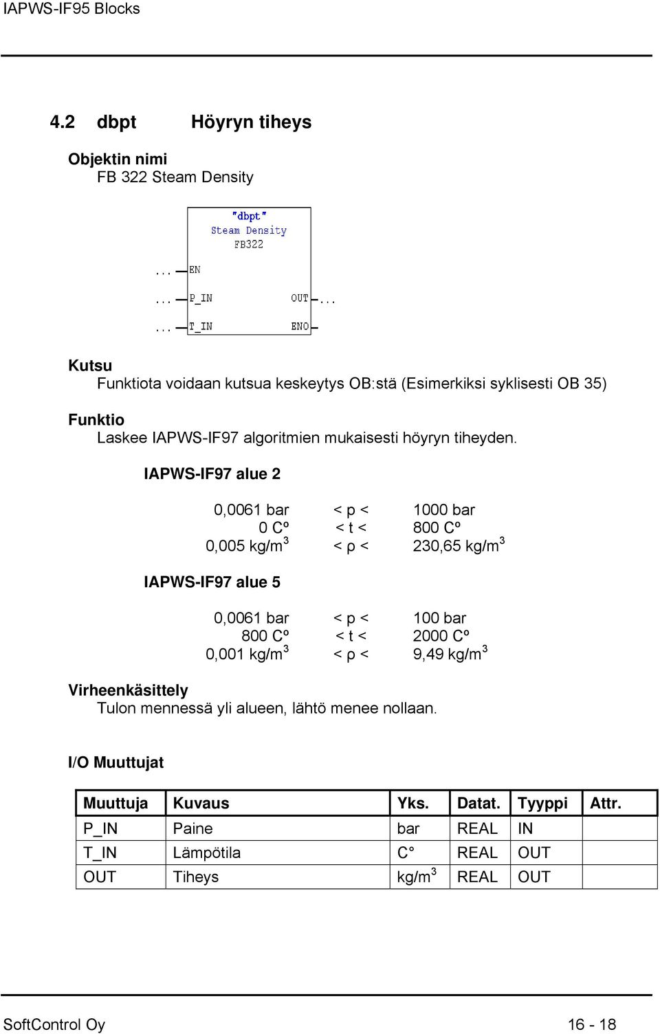 IAPWS-IF97 alue 2 0,0061 bar < p < 1000 bar 0 Cº < t < 800 Cº 0,005 kg/m 3 < ρ < 230,65 kg/m 3 IAPWS-IF97 alue 5