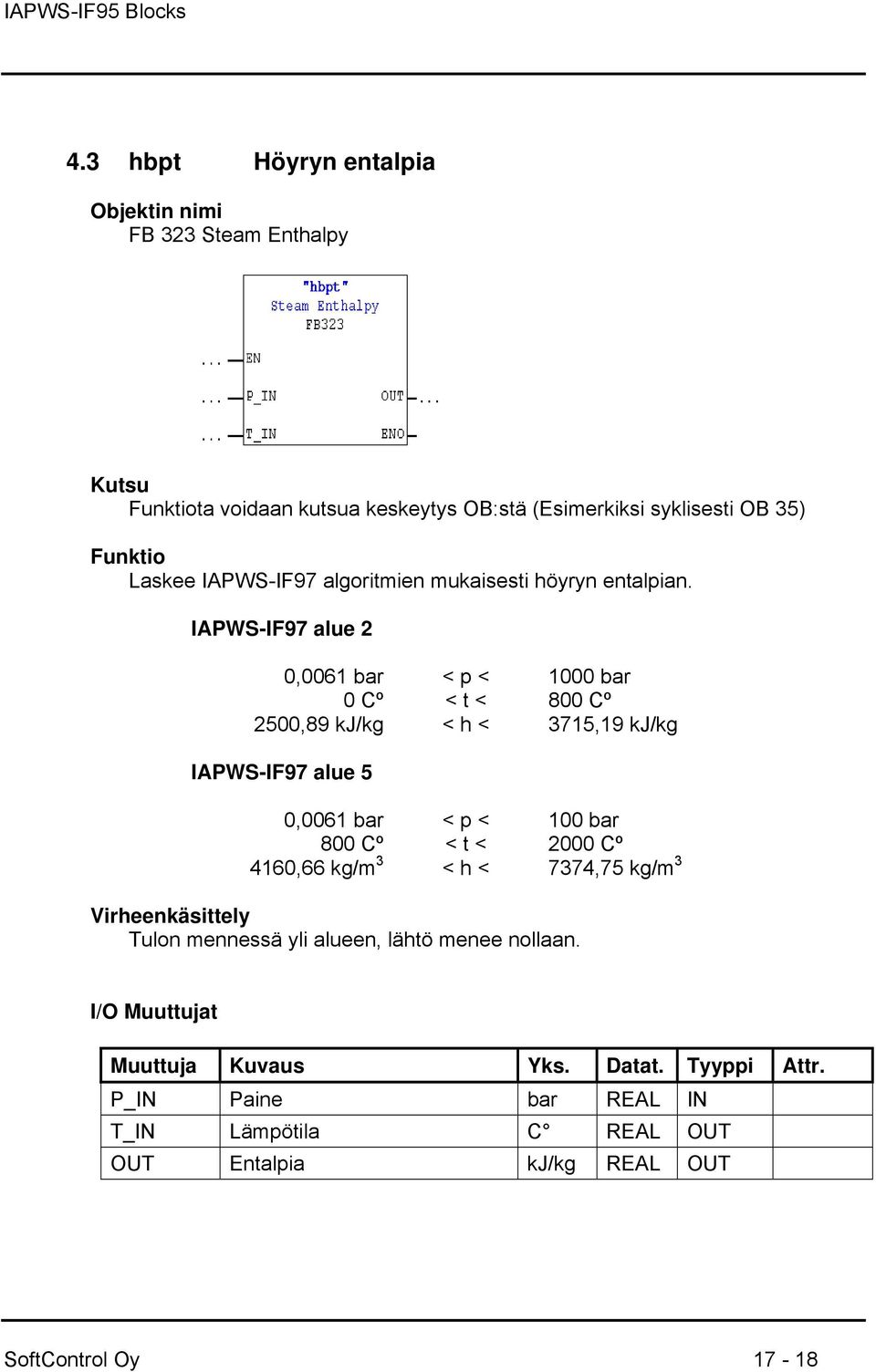 IAPWS-IF97 alue 2 0,0061 bar < p < 1000 bar 0 Cº < t < 800 Cº 2500,89 kj/kg < h < 3715,19 kj/kg IAPWS-IF97 alue 5