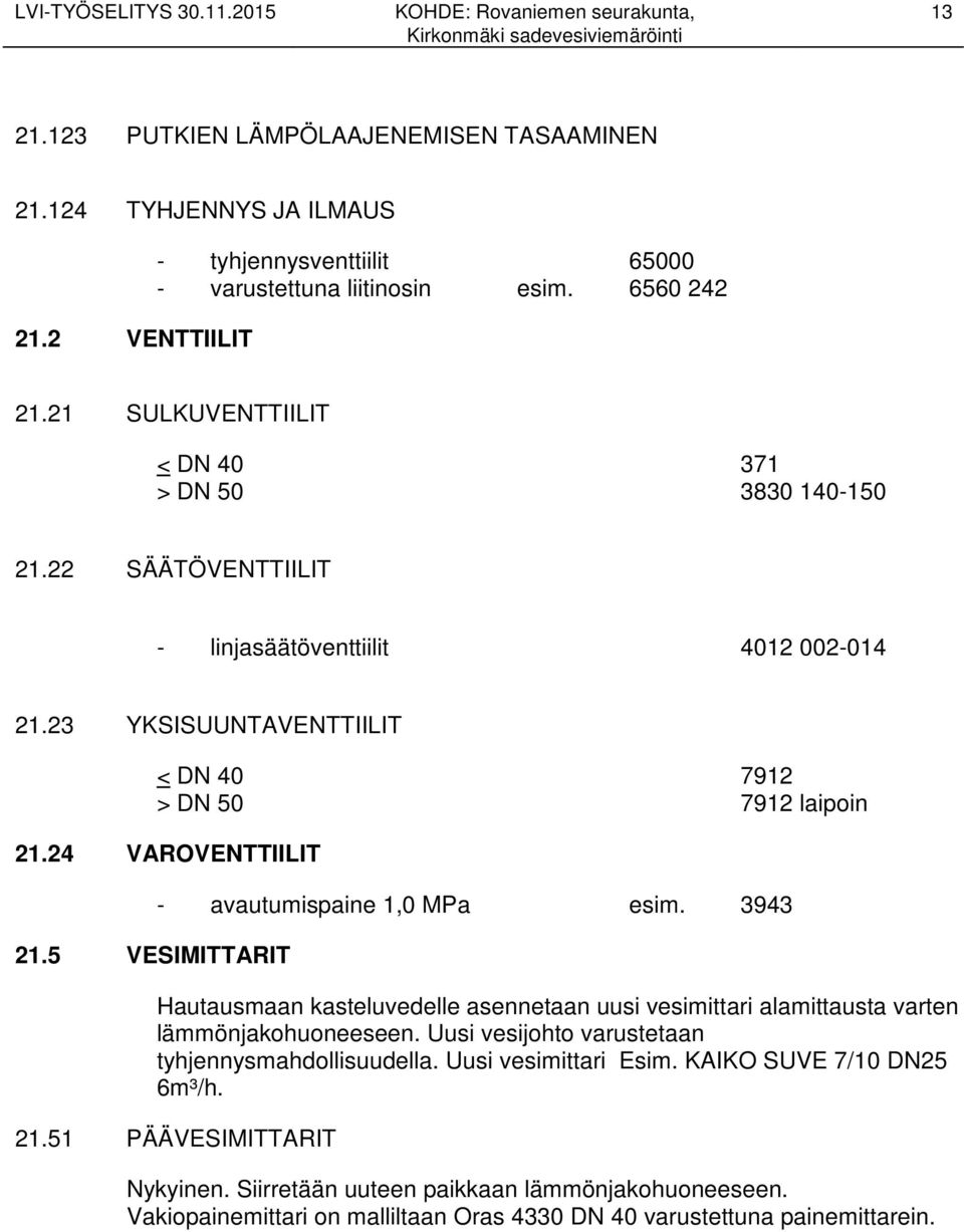 24 VAROVENTTIILIT 21.5 VESIMITTARIT - avautumispaine 1,0 MPa esim. 3943 Hautausmaan kasteluvedelle asennetaan uusi vesimittari alamittausta varten lämmönjakohuoneeseen.