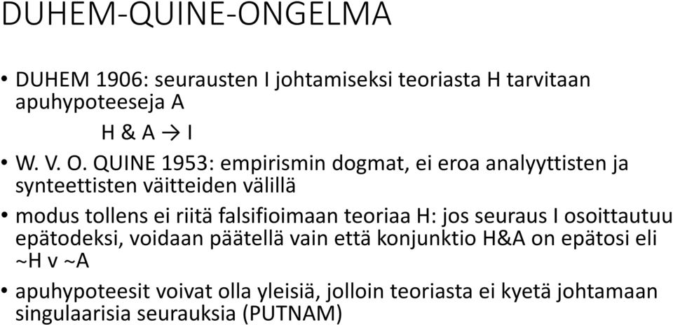 falsifioimaan teoriaa H: jos seuraus I osoittautuu epätodeksi, voidaan päätellä vain että konjunktio H&A on