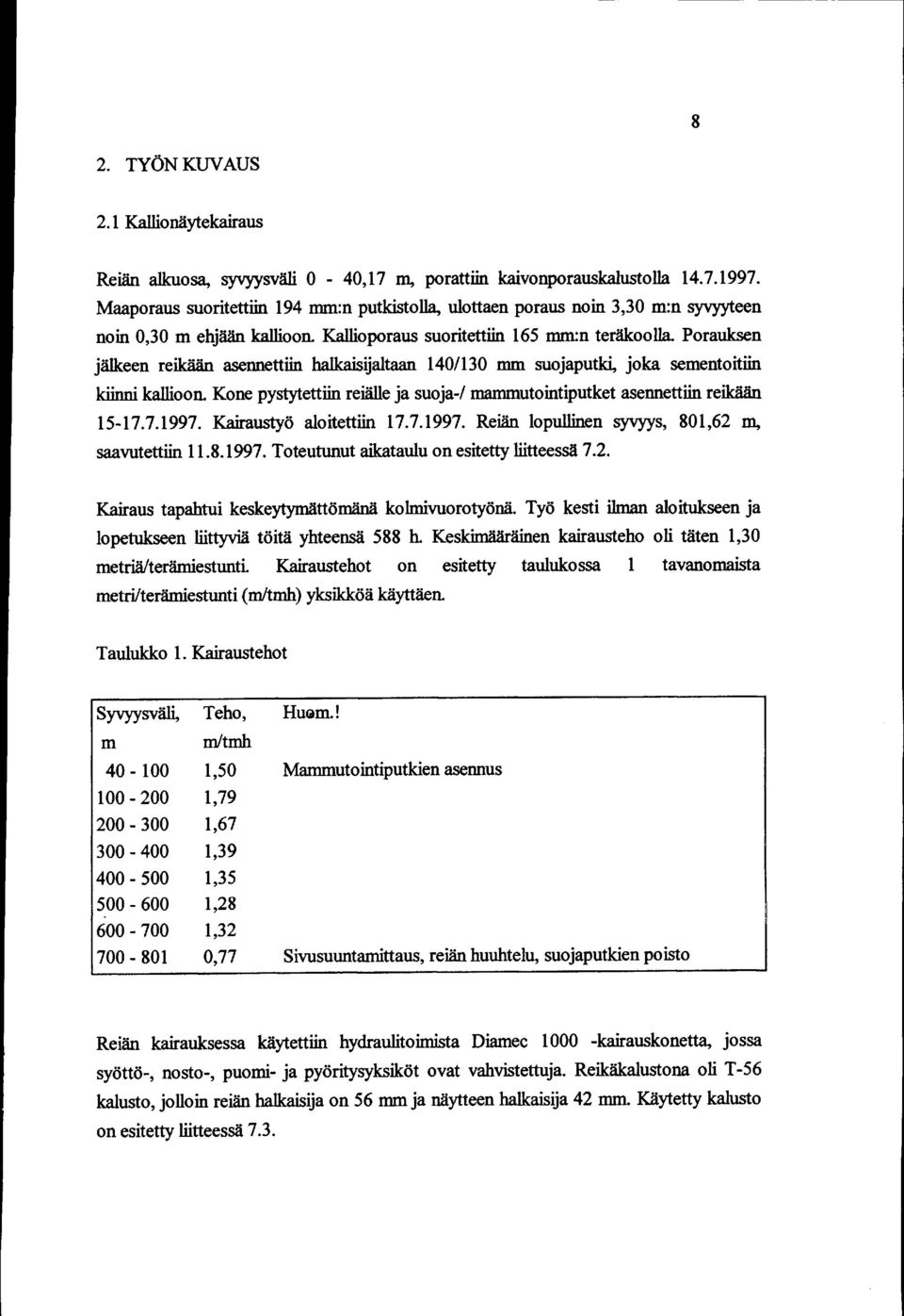 Porauksen jälkeen reikään asennettiin halkaisijaltaan 40/30 mm suojaputki, joka sementoitiin kallioon. Kone pystytettiin reiälle ja suoja-/ mammutointiputket asennettiin reikään 5-7.7.997.