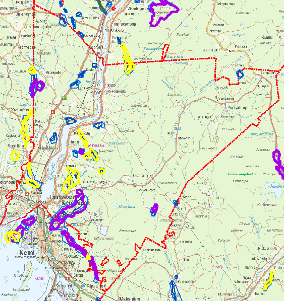 Kuva 1. Keminmaalla tutkitut ja arvokkaiksi luokitellut harjualueet violetteina monikulmioina.