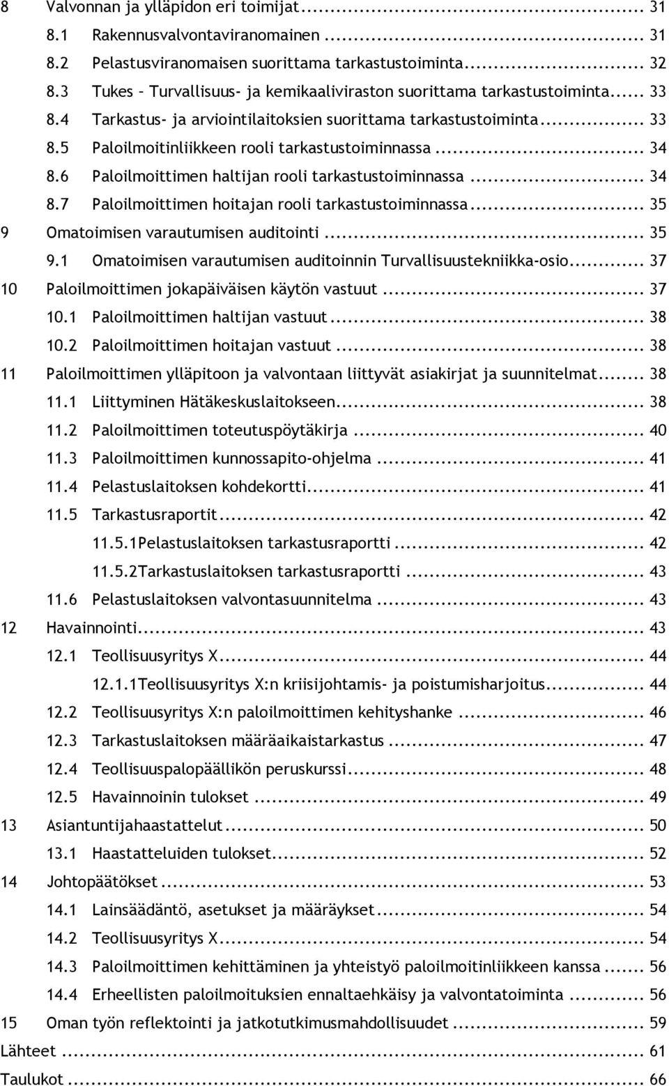 .. 34 8.6 Paloilmoittimen haltijan rooli tarkastustoiminnassa... 34 8.7 Paloilmoittimen hoitajan rooli tarkastustoiminnassa... 35 9 Omatoimisen varautumisen auditointi... 35 9.1 Omatoimisen varautumisen auditoinnin Turvallisuustekniikka-osio.