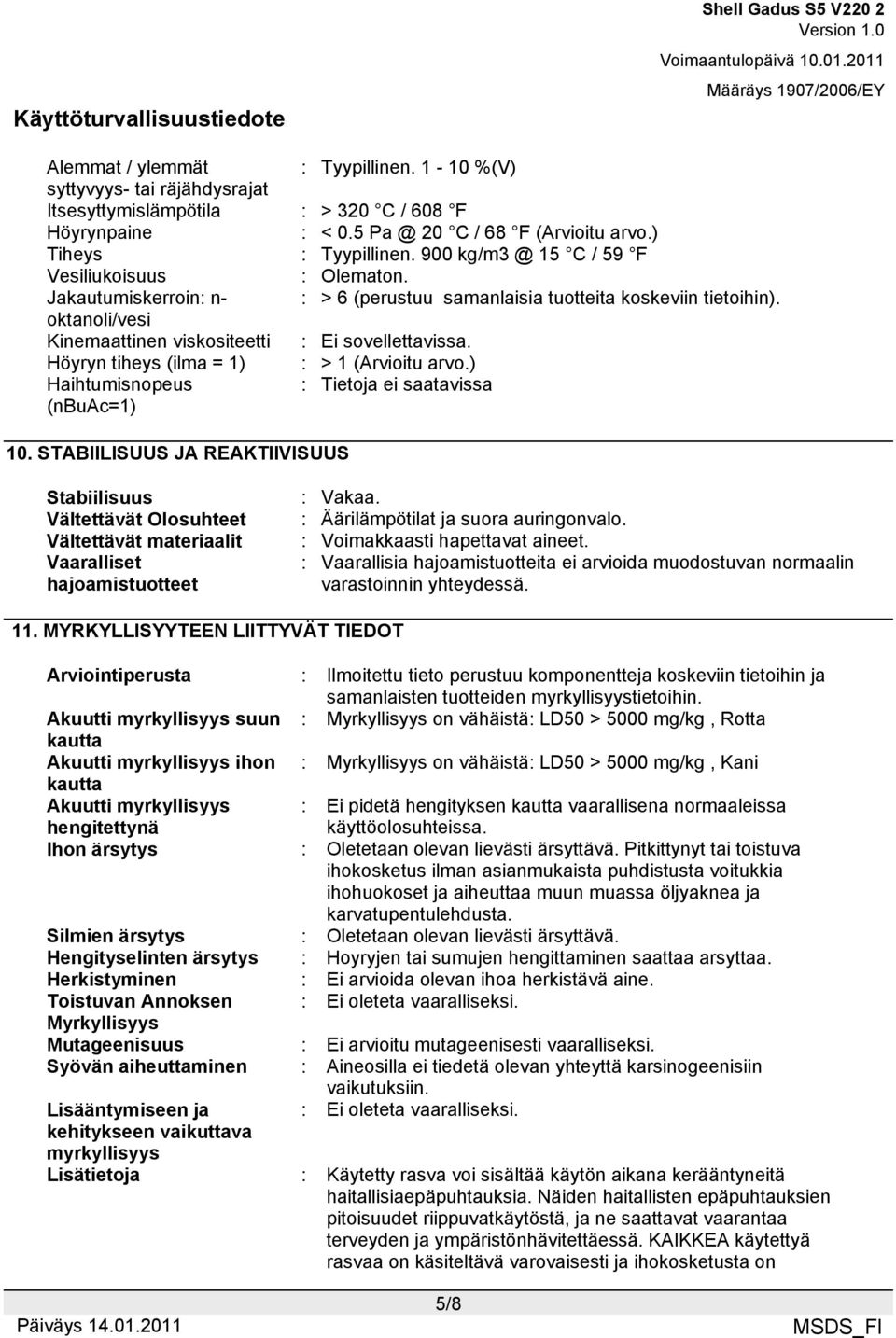 Höyryn tiheys (ilma = 1) : > 1 (Arvioitu arvo.) Haihtumisnopeus : Tietoja ei saatavissa (nbuac=1) 10.