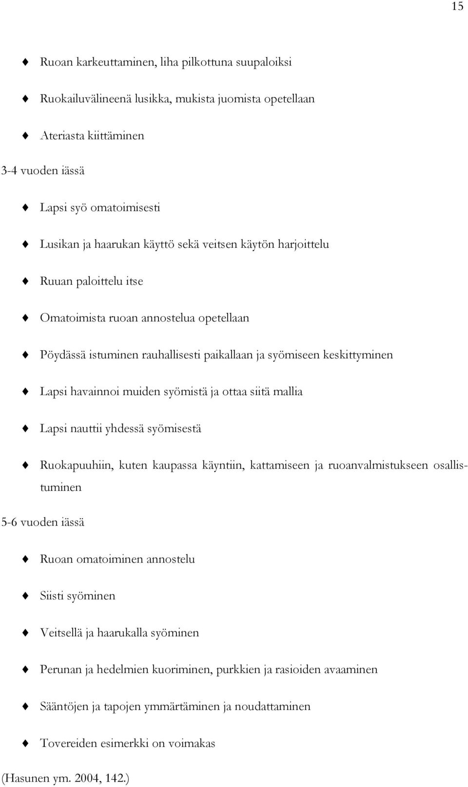 ottaa siitä mallia Lapsi nauttii yhdessä syömisestä Ruokapuuhiin, kuten kaupassa käyntiin, kattamiseen ja ruoanvalmistukseen osallistuminen 5-6 vuoden iässä Ruoan omatoiminen annostelu Siisti