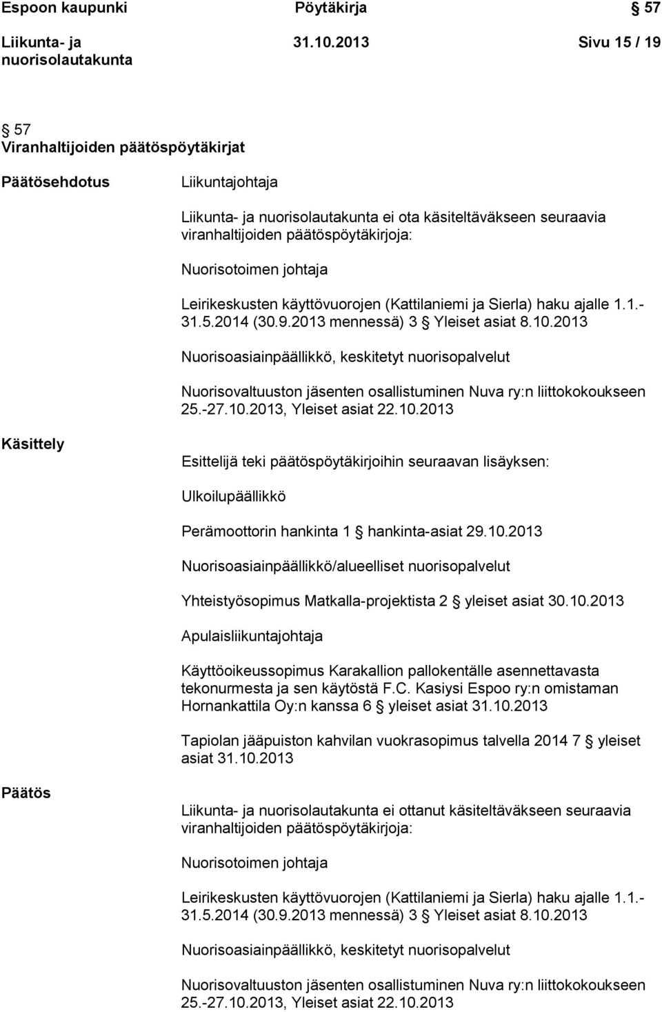 käyttövuorojen (Kattilaniemi ja Sierla) haku ajalle 1.1.- 31.5.2014 (30.9.2013 mennessä) 3 Yleiset asiat 8.10.