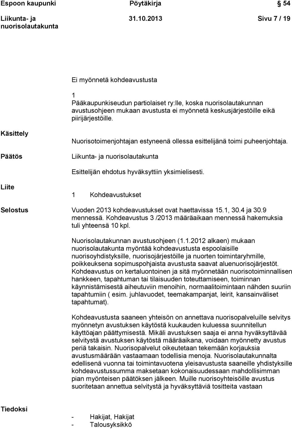 Käsittely Päätös Nuorisotoimenjohtajan estyneenä ollessa esittelijänä toimi puheenjohtaja. Esittelijän ehdotus hyväksyttiin yksimielisesti.