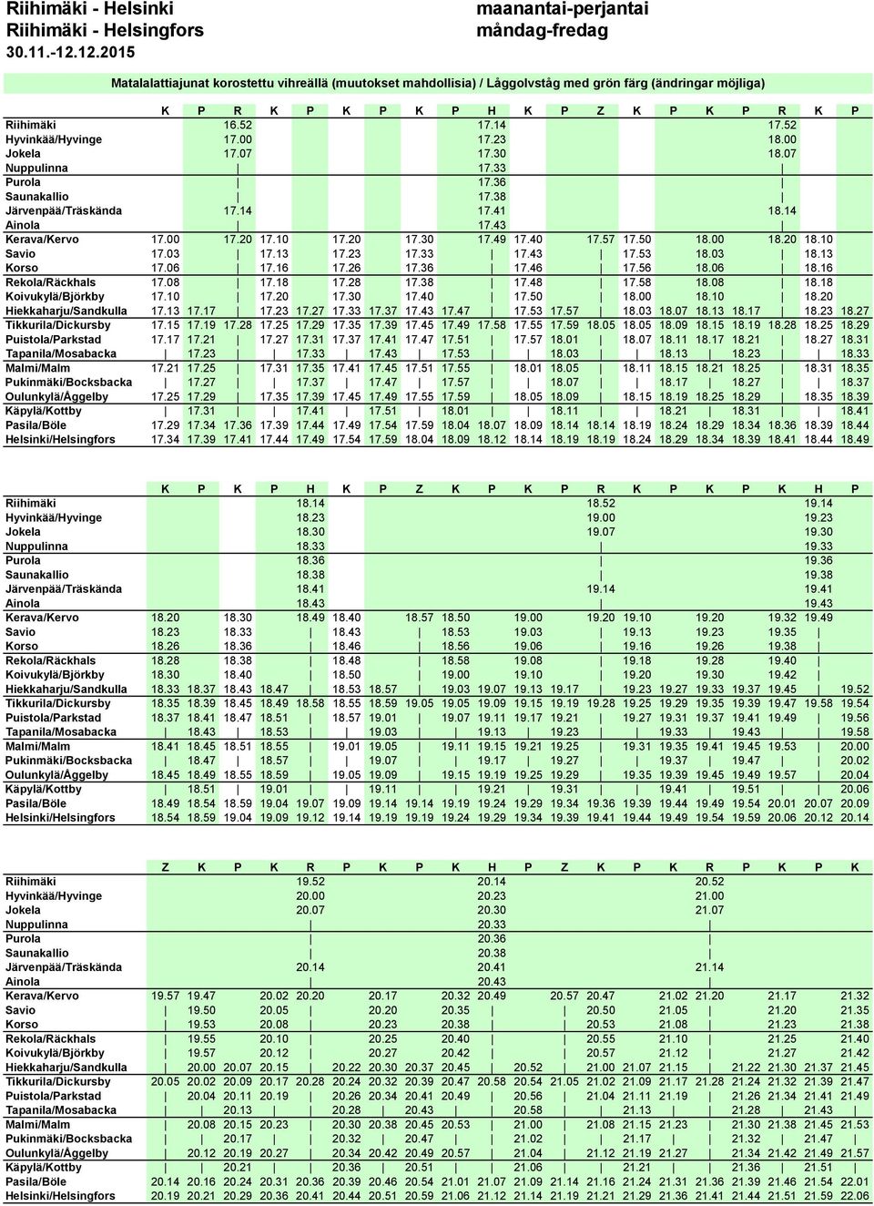 10 Savio 17.03 17.13 17.23 17.33 17.43 17.53 18.03 18.13 Korso 17.06 17.16 17.26 17.36 17.46 17.56 18.06 18.16 Rekola/Räckhals 17.08 17.18 17.28 17.38 17.48 17.58 18.08 18.18 Koivukylä/Björkby 17.