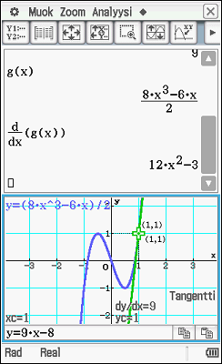 b) Määritellään funktiot f ja g laskimeen. Derivoidaan funktio g(x). Tämä on helpointa, kun maalataan funktio g(x) ja valitaan interaktiivisesta valikosta Derivaatta pisteessä.