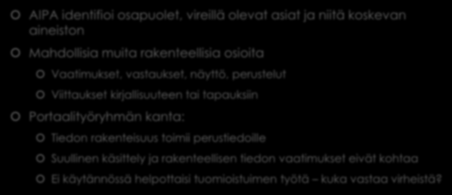 Rakenteellinen tieto ja AIPA AIPA identifioi osapuolet, vireillä olevat asiat ja niitä koskevan aineiston Mahdollisia muita rakenteellisia osioita Vaatimukset, vastaukset, näyttö, perustelut