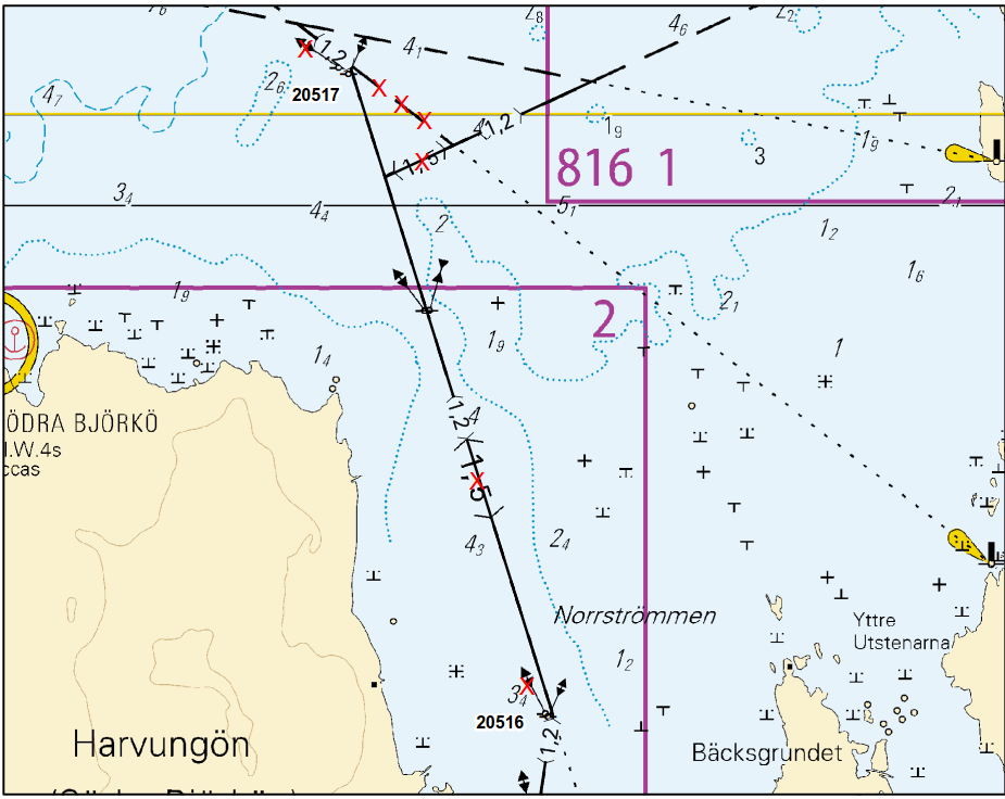 VI. Linjamerkit Ensmärken Leading beacons (Kartta - Kort - Chart 45, 46) Lisää Inför - Insert: Nr WGS 84 1) 20519 62 43.017 N 21 06.548 E 2) 20518 62 43.295 N 21 06.