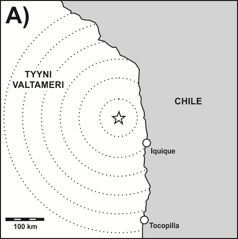 Tehtävä 1.2. Chilen rannikon edustalla sattui 1.4.2014 klo 11.45 voimakas maanjäristys (momenttimagnitudiasteikolla, M w 8.0), joka aiheutti tsunamin.