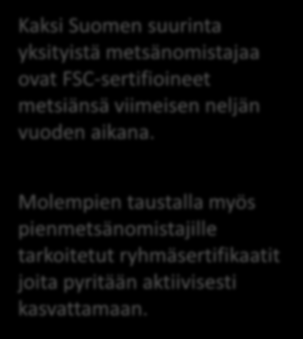 FSC:n tulevaisuus Suomessa? FSC-certified forest area distribution by holder UPM-Kymmene Corporation (36.4%) UPM-Kymmene Corporation - FM Group Scheme (7.1%) Metsä Group (3.2%) Koskis Gård (0.