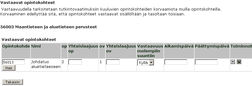 9 Vastaavat opintokohteet Opintojaksolle on tällä näytöllä mahdollista liittää tieto sitä vastaavista opintojaksoista.