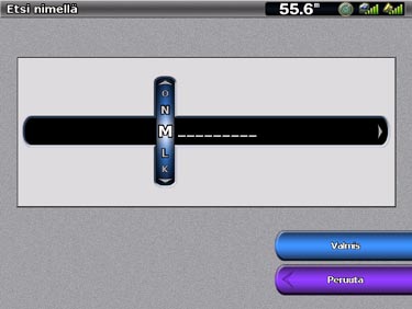 > Etsi nimellä. 2. Valitse merkkejä ja kirjoita vähintään osa määränpään nimestä keinupainikkeella (GPSMAP 4000) tai näyttönäppäimistöllä (GPSMAP 5000). Haku - GPSMAP 4000 Haku - GPSMAP 5000 3.