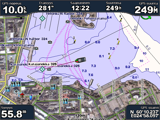 Minne? Minne? 4. Valitse Navigoi. 5. Valitse Mene. TAI Jos käytössä on esiohjelmoitu BlueChart g2 Vision -kortti, ja haluat käyttää automaattista opastusta, valitse Opastus. 6.