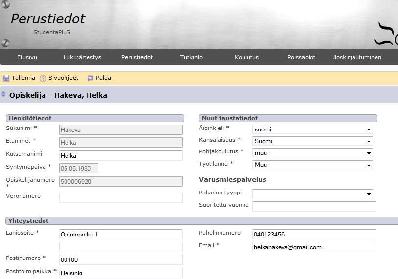 Perustiedot (1/4) Näkymässä näet perustietosi.