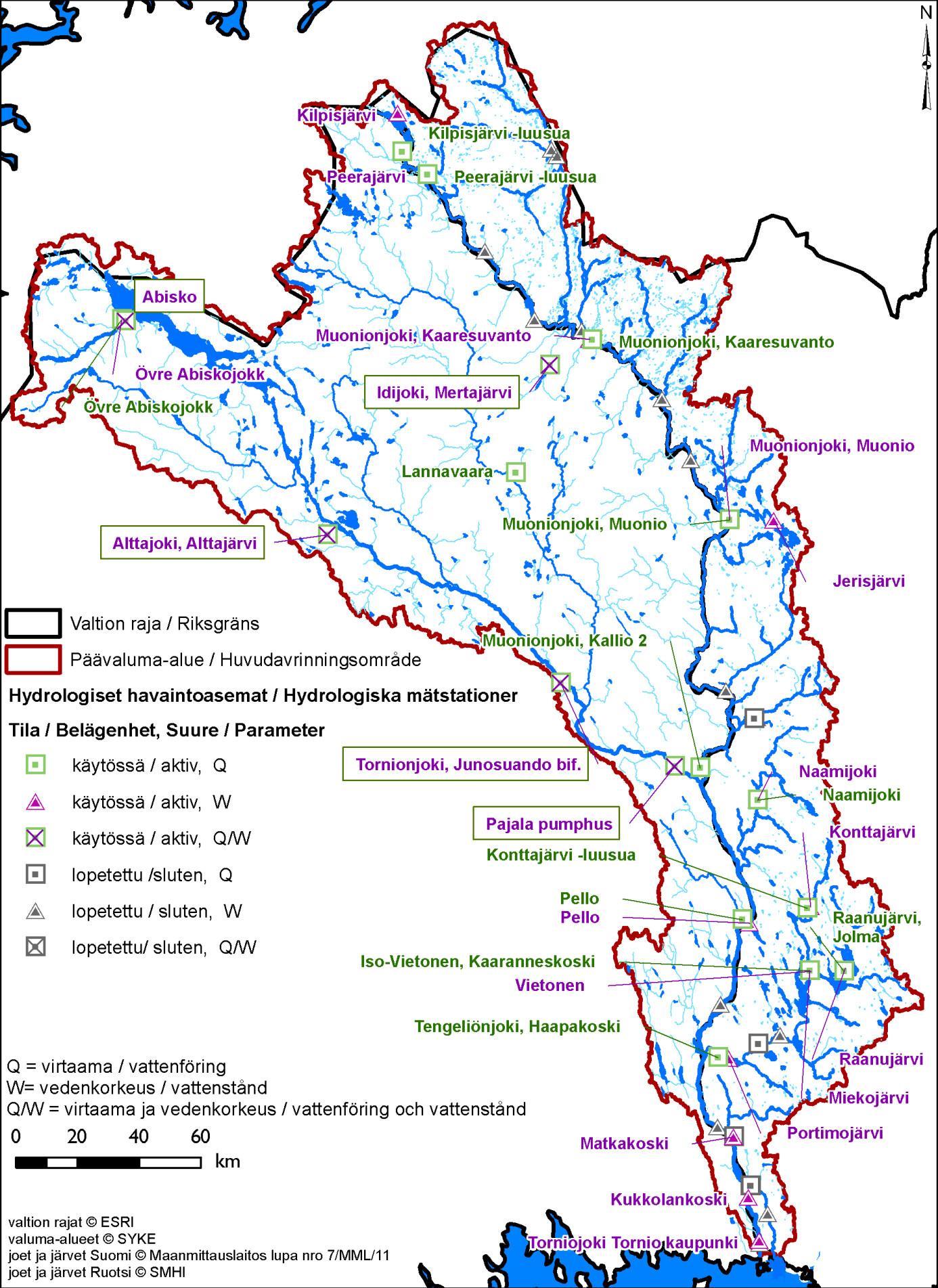 Kuva 6. Hydrologiset havaintoasemat.(ruotsin puolen asemat, lähde: (Norén 2010)). Seuraavassa kuvassa on esitetty vesistöalueen topografia.