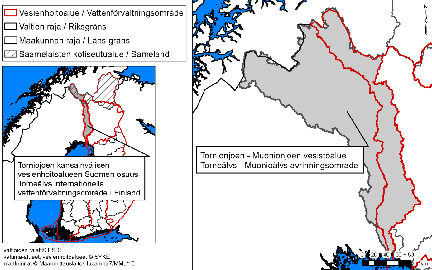 2 Vesistön kuvaus Tornionjoen Muonionjoen vesistöalue ulottuu Perämeren rannikolta Pohjois-Lapin käsivarteen saakka (Kuva 1).