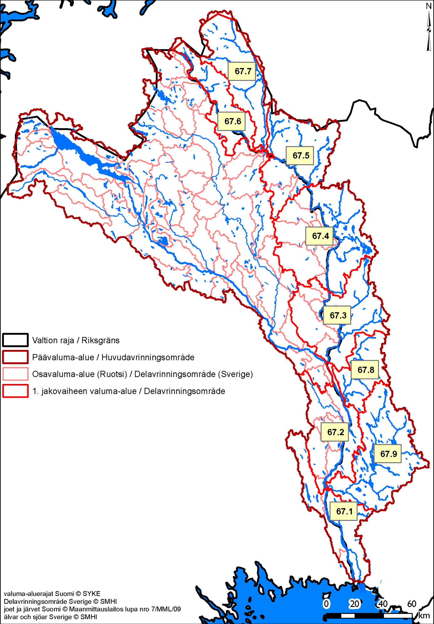 Kuva 3. Vesistöalueen ja osavaluma-alueiden rajat Suomessa ja Ruotsissa. Tornionjoen-Muonionjoen vesistöalueella on ollut käytössä useita vedenkorkeuden ja virtaaman havaintoasemia.