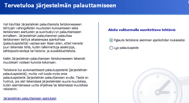 Levyn eheyttämistyökalu Järjestelmän palauttaminen XP luo palautuspisteitä järjestelmään.