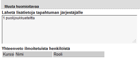 Lisää paidan koko ja viesti telttojen määrästä. Voit milloin tahansa tehdä muutoksia ilmoittautumisiin poistamalla tai lisäämällä henkilöitä 8.5.2016 saakka (jälkiilmoittautumisten osalta 19.6.2016 saakka).