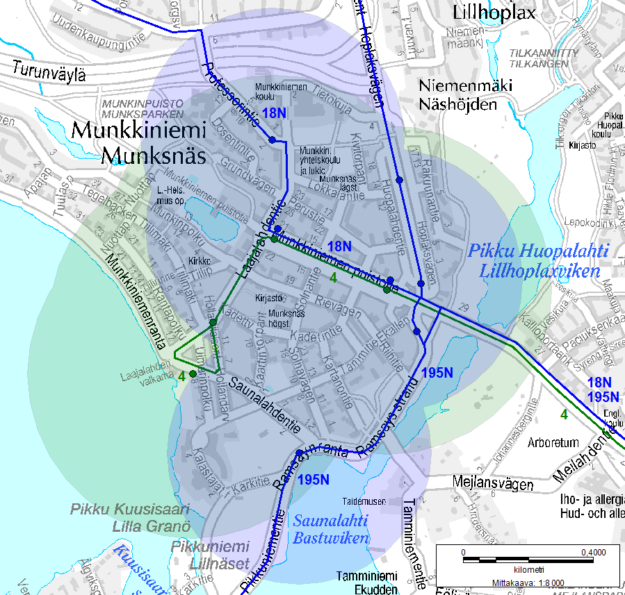 14 kittävästi raitiolinjaa 4 heikompi Saunalahdentien ja Munkkiniemenrannan ympäristöissä.