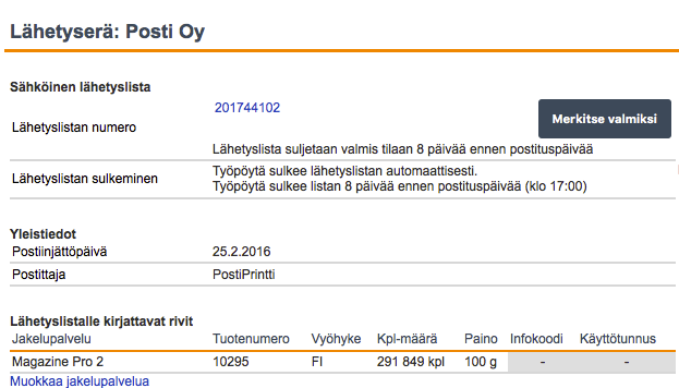 Postittamisen työpöydän (PTP) muutokset PTP:n tiedot näkyvät myös Sähköisellä lähetyslistalla Klikkaa PTP:llä lähetyserän sivulla näkyvää lähetyslistan numeroa ja pääset suoraan