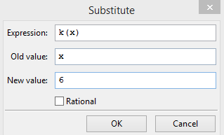 Tehtävä oltaisiin voitu ratkaista kirjoittamalla komentosoluun subst(muuttujan arvo, muuttuja, funktio) Esim 4. Laske funktion k(x) = 2x 3 + 3x + 10 arvo pisteessä x = 6.