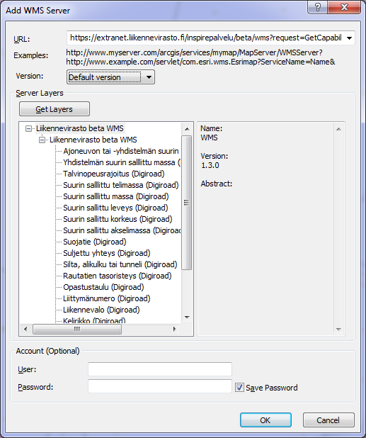 3 Painetaan OK. WMS-palvelu tulee näkyviin ArcCatalogiin otsikolla Liikennevirasto beta WMS.