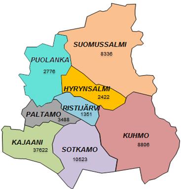 Kainuun sijainti ja väkiluku kunnittain 2015