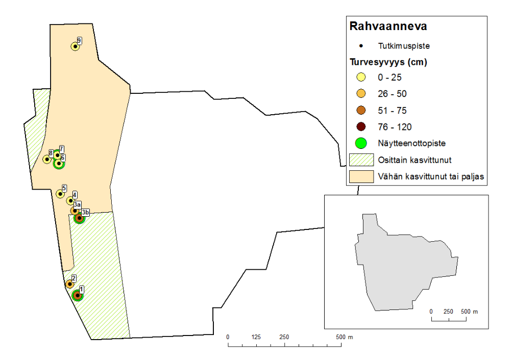 LUONNOS Kuva 92. Rahvaannevan kasvittuminen, turvesyvyydet sekä tutkimus- ja näytepisteet. Rahvaannevalla käytiin kesällä 2013.