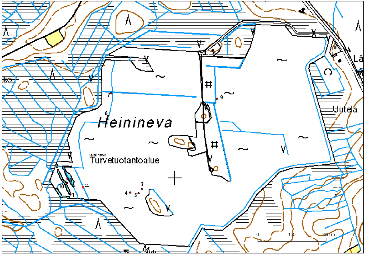 LUONNOS seurattiin kesinä 2012 ja 2013 sekä tuotantoalueelta lähtevästä vedestä ja laskeutusaltaasta että seitsemältä muualta pisteestä (Kuva 7).