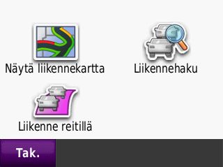 FM-liikennevastaanot timen käyttäminen Liikennekartan tarkasteleminen Liikenne- ja ruuhkatiedot näkyvät liikennekartassa värikoodattuina. 1. Kosketa kartassa liikennekuvaketta. 2.