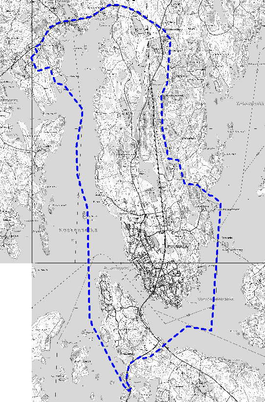 Kuva: Suunnittelualueen alustava rajaus sinisellä katkoviivalla.