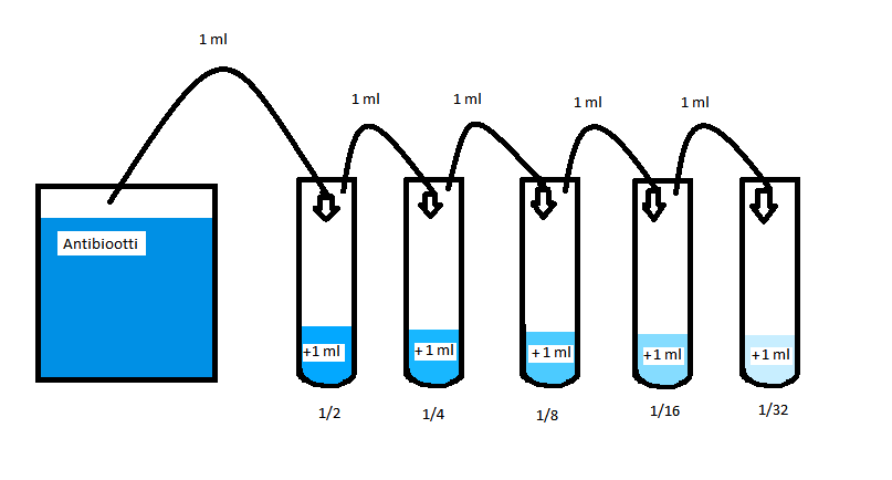 17 konsentraatio on X/2, kolmannessa kaivossa on jo X/4 ja niin edelleen. (BioMérieux 2008.) Kuviossa 2 on havainnollistettu edellä mainittu Doubling dilution technique -titrausmenetelmän periaate.