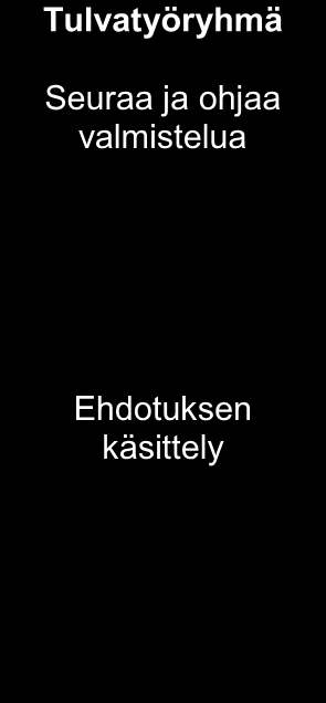 ELY-keskus Valmistelee hallintasuunnitelman Tulvatyöryhmä Seuraa ja ohjaa valmistelua ELY-keskus Hyväksyy ja nimeää tulvatyöryhmän Ehdotus Ehdotuksen käsittely Hyväksyminen Uudelleen valmistelu